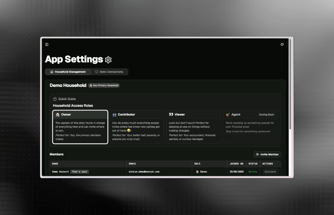 Dashboard showing household invites